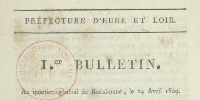 Photo (BnF / Gallica) de : Bulletin. A Chartres : chez Durand et Labalte fils, imprimeurs de la Préfecture d'Eure et Loir, [1809]. ISSN 2135-1988.