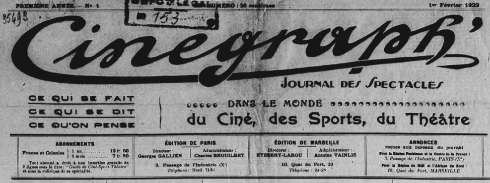 Photo (BnF / Gallica) de : Cinégraph. Marseille, 1922. ISSN 2123-8669.