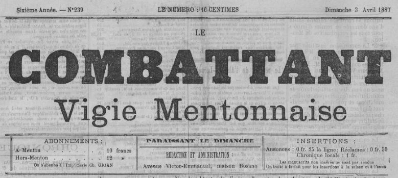 Photo (BnF / Gallica) de : Le Combattant. Menton, [1882 ?-1895 ?]. ISSN 2124-1260.