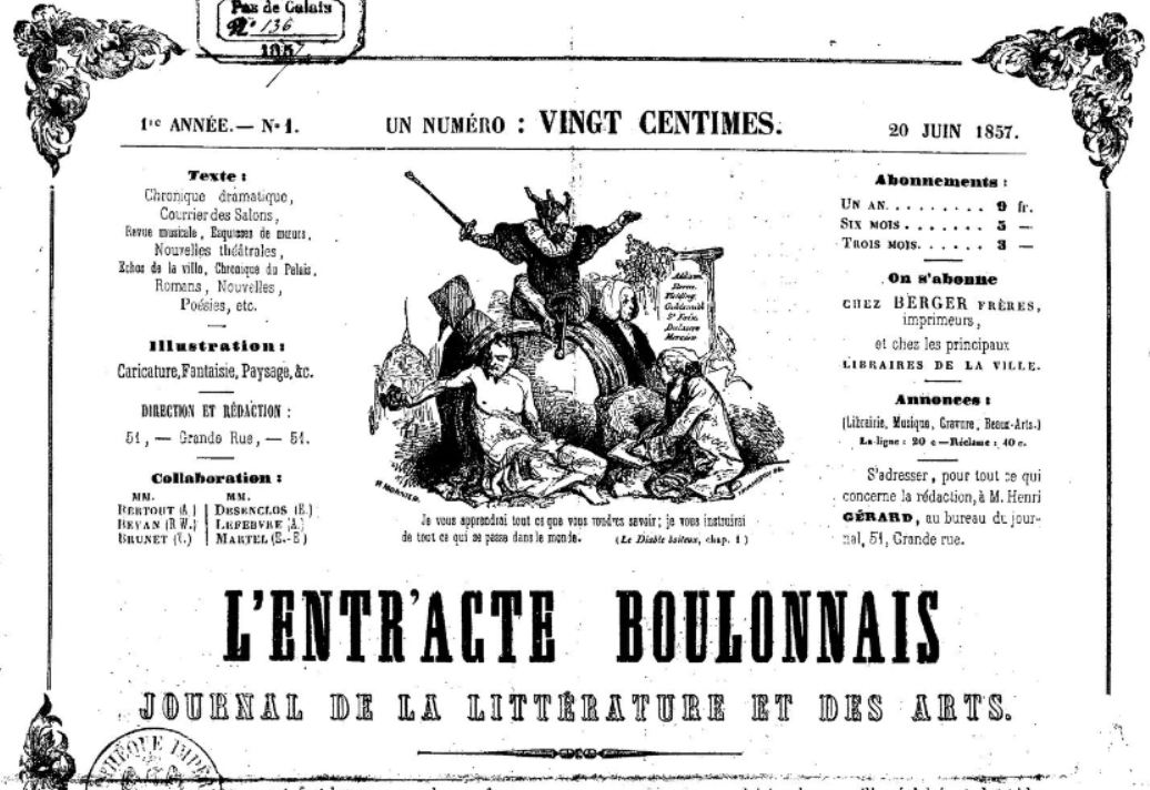 Photo (BnF / Gallica) de : L'Entr'acte boulonnais. Boulogne-sur-Mer, 1857-[1857 ?]. ISSN 2108-081X.