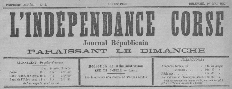 Photo (BnF / Gallica) de : L'Indépendance corse. Bastia, 1887-1888. ISSN 2129-3821.