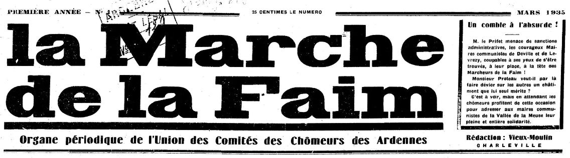 Photo (BnF / Gallica) de : La Marche de la faim. Charleville, 1935. ISSN 2106-0711.