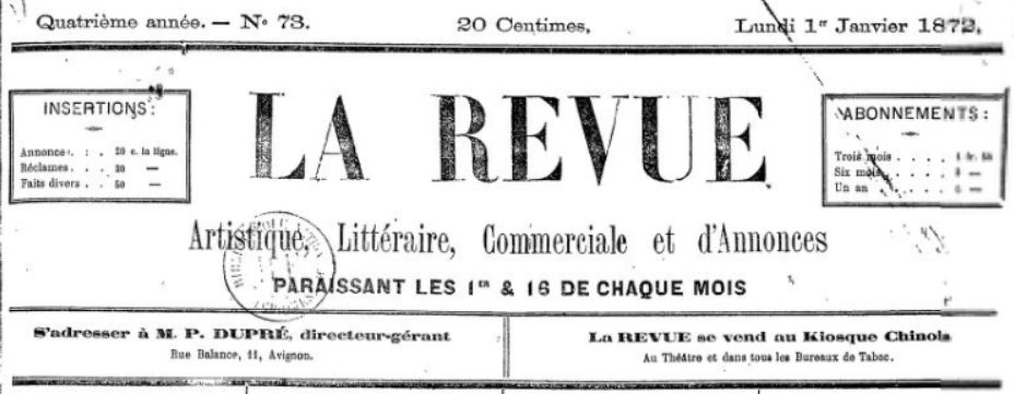 Photo (BnF / Gallica) de : Revue artistique. Avignon, 1868-[1876 ?]. ISSN 2017-6589.