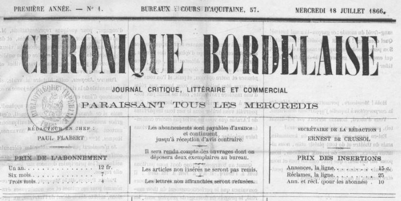 Photo (BnF / Gallica) de : Chronique bordelaise. Bordeaux, 1866-[1866 ?]. ISSN 2123-7484.