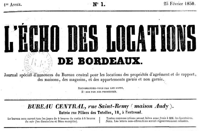 Photo (BnF / Gallica) de : L'Écho des locations de Bordeaux. Bordeaux, 1850. ISSN 2106-1394.