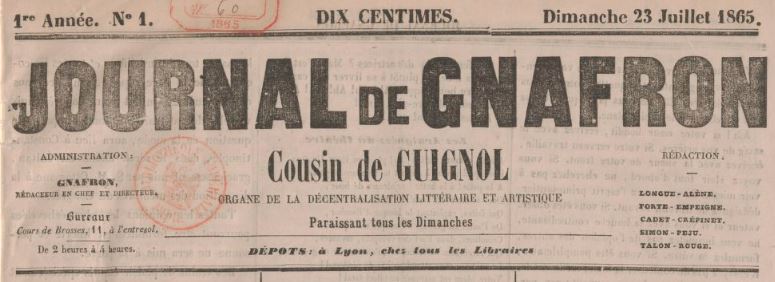 Photo (BnF / Gallica) de : Journal de Gnafron, cousin de Guignol. Lyon, 1865-1873. ISSN 2130-3681.