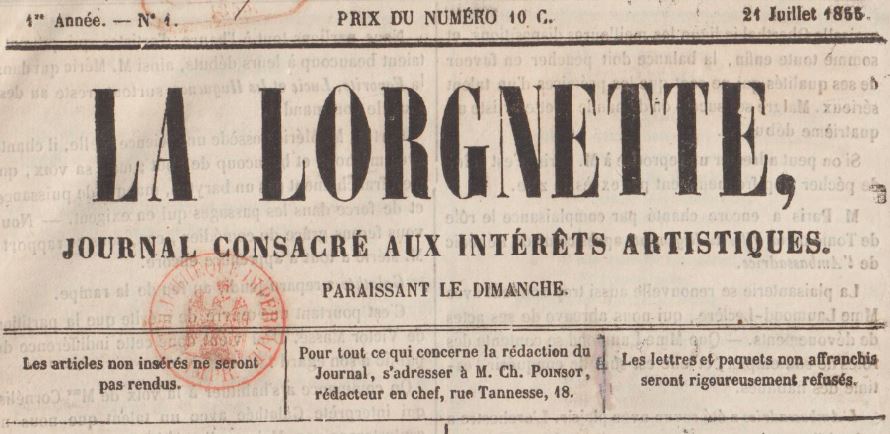 Photo (BnF / Gallica) de : La Lorgnette. Bordeaux, 1855-[1862 ?]. ISSN 2131-5507.