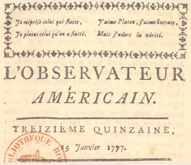 Photo (BnF / Gallica) de : L'Observateur américain. [Roseau], 1776-[1777 ?]. ISSN 2427-8858.