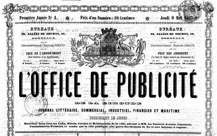Photo (BnF / Gallica) de : L'Office de publicité de la Gironde. Bordeaux, 1867. ISSN 2133-2800.