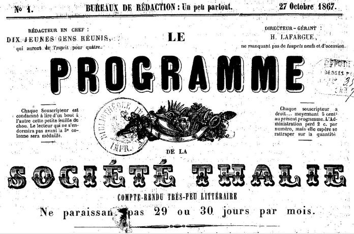 Photo (BnF / Gallica) de : Le Programme de la Société Thalie. [Bayonne], 1867-1868. ISSN 2106-1661.