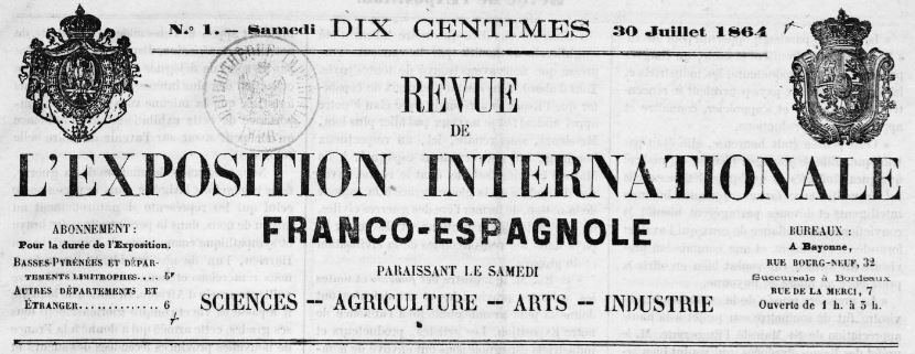 Photo (BnF / Gallica) de : Revue de l'Exposition internationale franco-espagnole. Bayonne, 1864. ISSN 2137-3108.