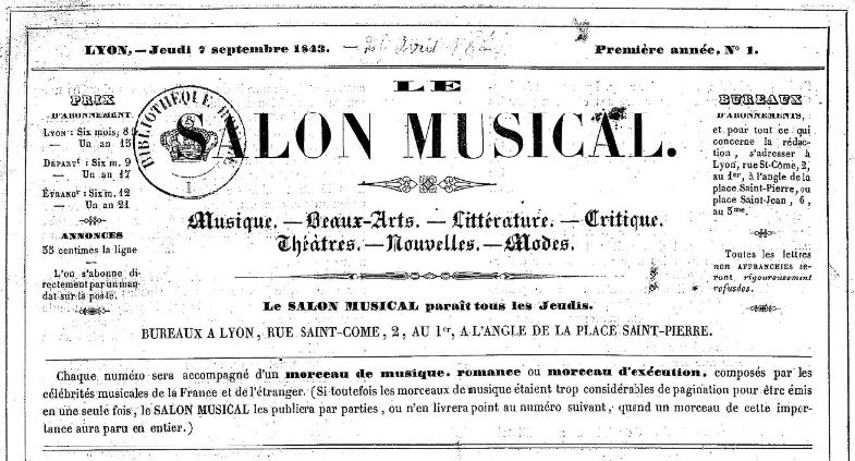 Photo (BnF / Gallica) de : Le Salon musical. Lyon, 1843-1844. ISSN 2106-1807.