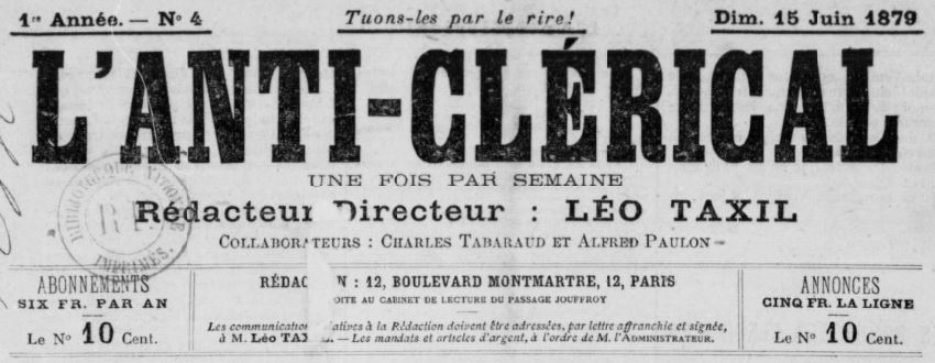 Photo (BnF / Gallica) de : L'Anti-clérical. Montpellier, Paris, 1879-1882. ISSN 2120-8786.