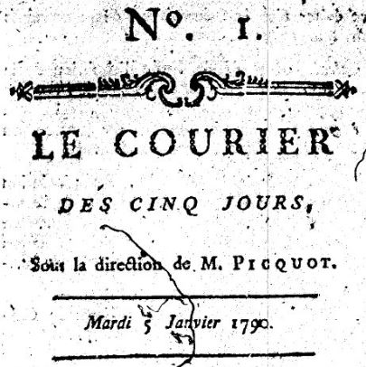 Photo (BnF / Gallica) de : Le Courier des cinq jours. A Caen : chez P. Chalopin, rue Froide-rue, [1790]. ISSN 2124-6203.