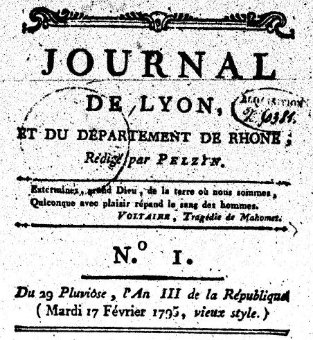 Photo (BnF / Gallica) de : Journal de Lyon et du département de Rhône. Lyon, 1795-1797. ISSN 2130-503X.