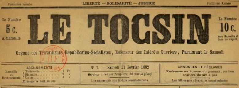Photo (BnF / Gallica) de : Le Tocsin. Marseille, 1882. ISSN 2138-6560.
