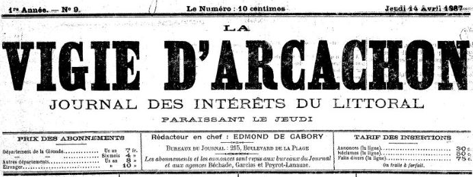Photo (BnF / Gallica) de : La Vigie d'Arcachon. Arcachon, 1887-[1898 ?]. ISSN 2140-030X.