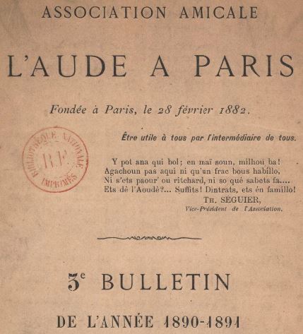 Photo (BnF / Gallica) de : Bulletin. Association amicale l'Aude à Paris, fondée à Paris le 28 février 1882.... Paris, 1890-[1891 ?]. ISSN 2122-3327.