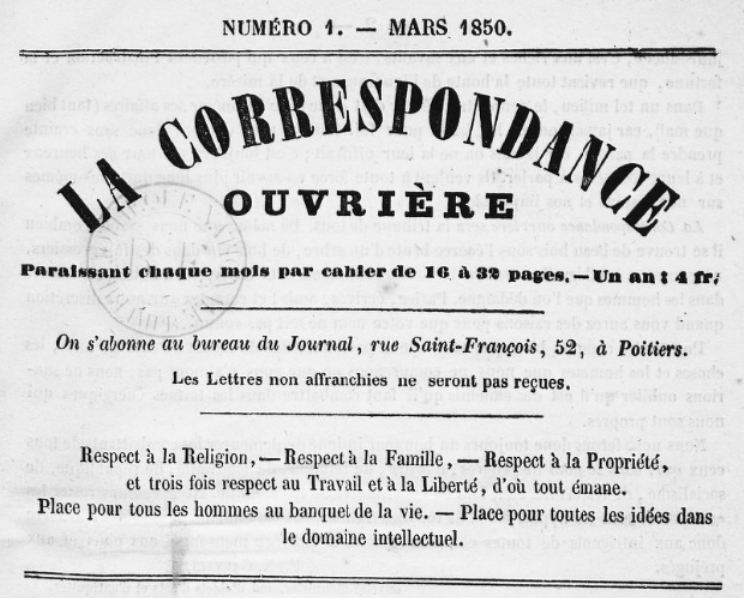 Photo (BnF / Gallica) de : La Correspondance ouvrière. Poitiers : au bureau du journal, 1850. ISSN 2124-4634.