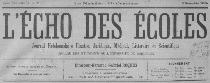 Photo (BnF / Gallica) de : L'Écho des écoles. Bordeaux, 1892-[1894 ?]. ISSN 2126-4880.