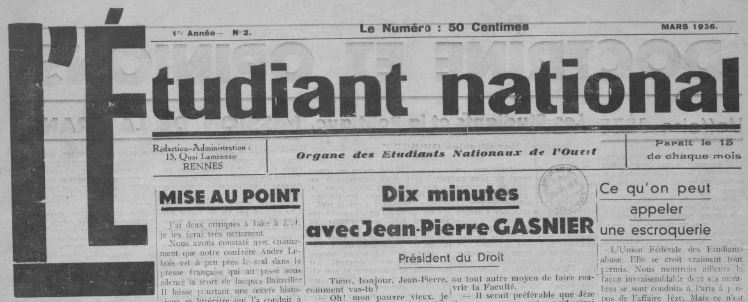 Photo (BnF / Gallica) de : L'Étudiant national. Rennes, 1936-[1938 ?]. ISSN 2127-6005.