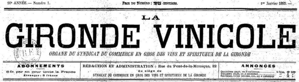 Photo (BnF / Gallica) de : La Gironde vinicole. Bordeaux, 1887-[1939 ?]. ISSN 2128-878X.