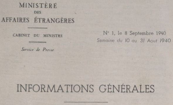 Photo (BnF / Gallica) de : Informations générales. Vichy : Ministère de l'intérieur, 1940-1944. ISSN 2022-1304.