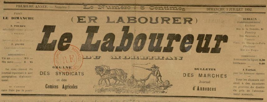 Photo (BnF / Gallica) de : Le Laboureur du Morbihan. Pontivy, 1892. ISSN 2131-1064.