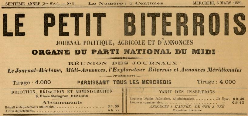 Photo (BnF / Gallica) de : Le Petit Biterrois. Béziers, 1889-[1889?]. ISSN 2133-9724.