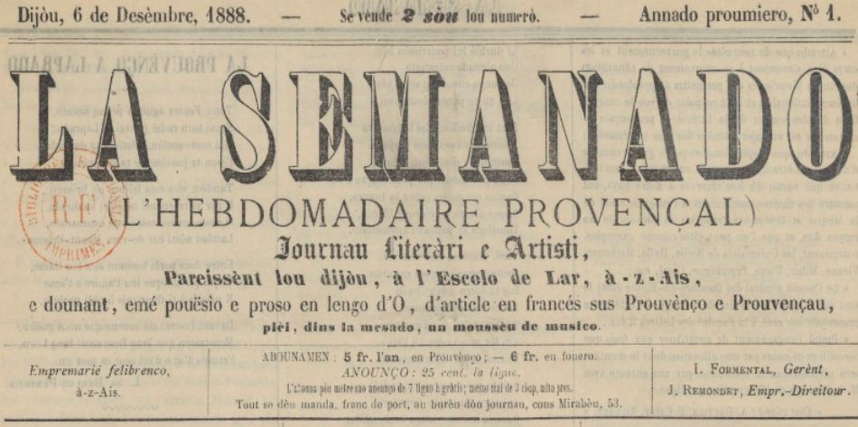 Photo (BnF / Gallica) de : La Semanado. Ais, 1888. ISSN 2019-6741.