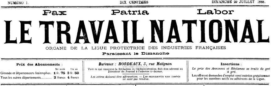 Photo (BnF / Gallica) de : Le Travail national. Bordeaux, 1888. ISSN 2138-858X.