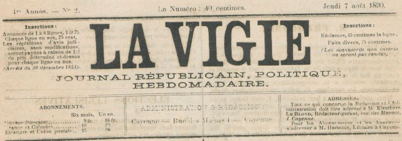 Photo (BnF / Gallica) de : La Vigie. Cayenne, 1890-[1891 ?]. ISSN 2428-2774.