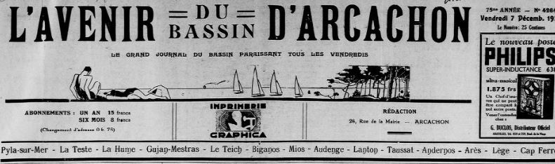 Photo (BnF / Gallica) de : L'Avenir du bassin d'Arcachon. Arcachon, 1934-[1943 ?]. ISSN 2016-0968.