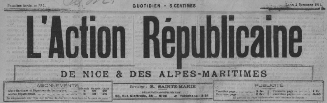 Photo (BnF / Gallica) de : L'Action républicaine de Nice et des Alpes-Maritimes. Nice, 1911-[1912 ?]. ISSN 2120-1862.
