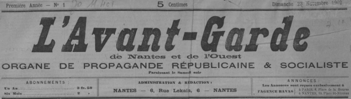 Photo (BnF / Gallica) de : L'Avant-garde de Nantes et de l'Ouest. Nantes, 1902-1904. ISSN 2121-2392.