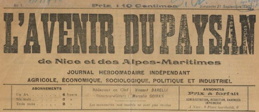 Photo (BnF / Gallica) de : L'Avenir du paysan de Nice et des Alpes-Maritimes. Nice, 1902. ISSN 2121-6169.