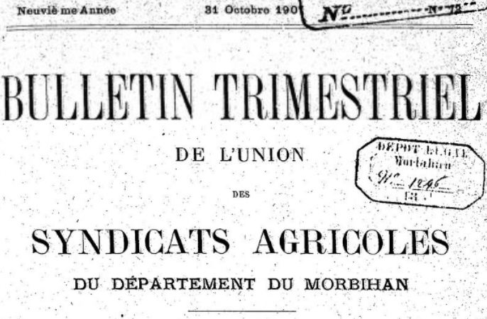 Photo (BnF / Gallica) de : Bulletin trimestriel de l'Union des syndicats agricoles du département du Morbihan. Vannes, 1897-1925. ISSN 2123-230X.