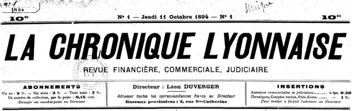 Photo (BnF / Gallica) de : La Chronique lyonnaise. Lyon, 1894-[1894 ?]. ISSN 2123-8049.