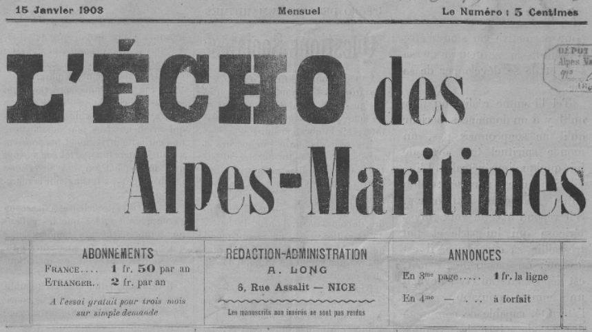 Photo (BnF / Gallica) de : L'Écho des Alpes-Maritimes. Nice, 1903-1913. ISSN 2126-4716.
