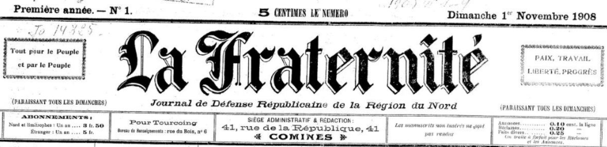 Photo (BnF / Gallica) de : La Fraternité. Comines, 1908-[1914 ?]. ISSN 2128-3273.