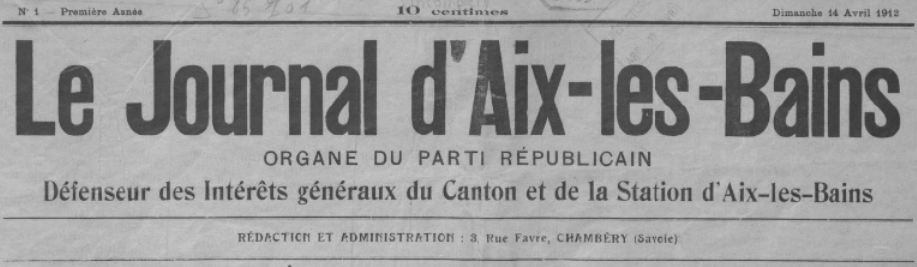 Photo (BnF / Gallica) de : Le Journal d'Aix-les-Bains. Chambéry, 1912-1928. ISSN 2130-1646.