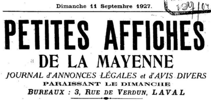 Photo (BnF / Gallica) de : Les Petites affiches de la Mayenne. Laval, 1894-[1928 ?]. ISSN 2134-6739.