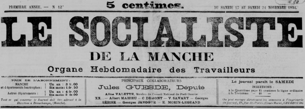 Photo (BnF / Gallica) de : Le Socialiste de la Manche. Beauchamps, 1894-1895. ISSN 2138-1739.