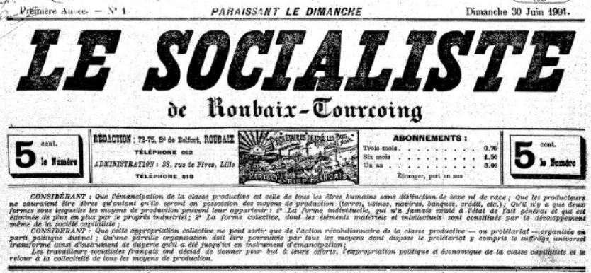 Photo (BnF / Gallica) de : Le Socialiste de Roubaix-Tourcoing. Roubaix, Lille, 1901. ISSN 2138-1771.
