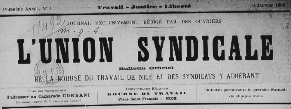 Photo (BnF / Gallica) de : L'Union syndicale. Nice, 1900-[1914 ?]. ISSN 2139-6051.