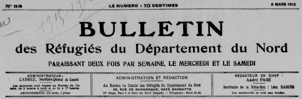 Photo (BnF / Gallica) de : Bulletin des réfugiés du département du Nord. Paris, 1914-1916. ISSN 2122-7888.