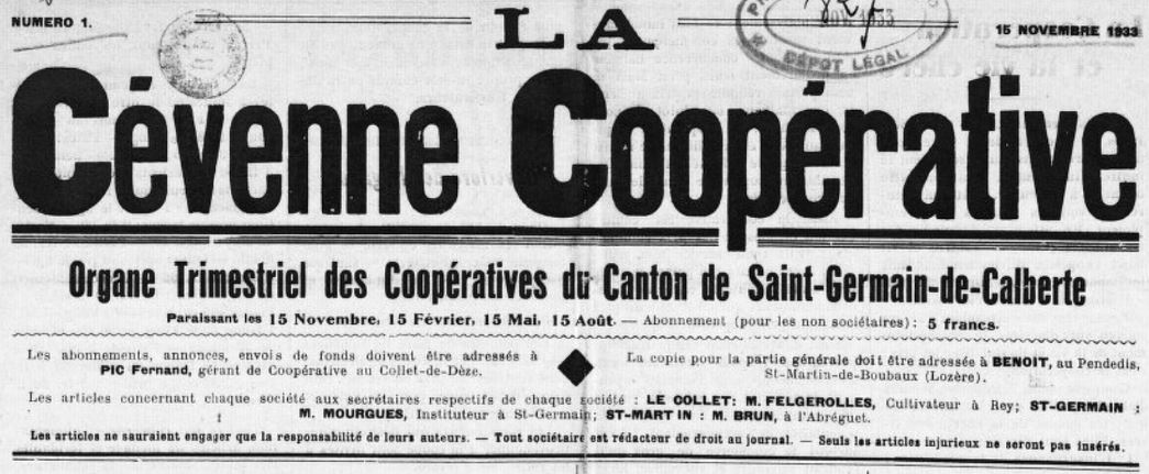 Photo (BnF / Gallica) de : La Cévenne coopérative. Le Collet-de-Dèze, Saint-Martin-de-Boubaux, 1933-1939. ISSN 2123-5945.