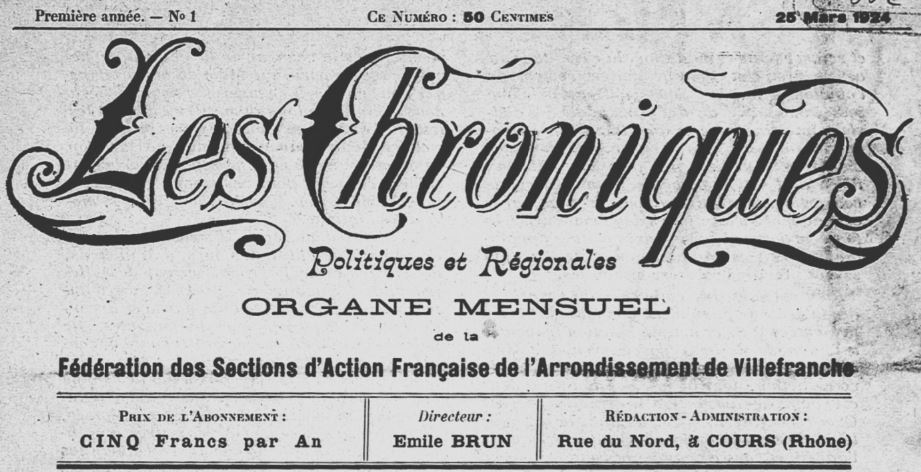 Photo (BnF / Gallica) de : Les Chroniques politiques et régionales. Cours, 1924-[1928 ?]. ISSN 2123-8243.