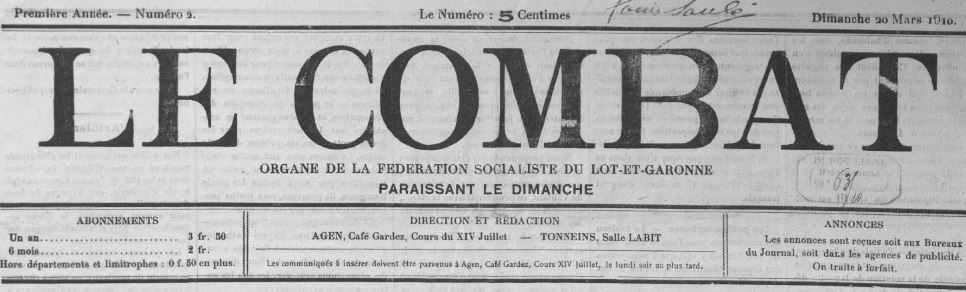 Photo (BnF / Gallica) de : Le Combat. Agen, Tonneins, 1910-[1911 ?]. ISSN 2124-0825.