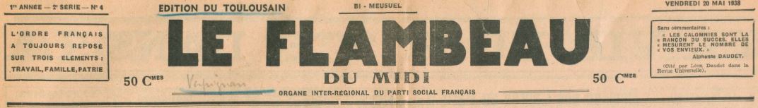 Photo (BnF / Gallica) de : Le Flambeau du Midi. Éd. du Toulousain. Perpignan, [1938 ?-1939 ?]. ISSN 2128-0819.
